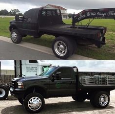 two pictures side by side of a black pickup truck and the other one has a trailer attached to it