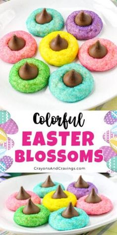 colorful easter blossom cookies on a white plate with chocolate in the middle and text overlay