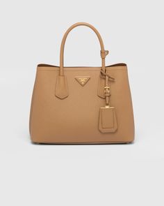 Caramel Small Saffiano Leather Double Prada Bag | PRADA Brown Prada Bag, Prada Saffiano Bag, Purse Must Haves, Prada Double Bag, Prada Bag Saffiano, Metal Lettering, Bag Prada, Prada Saffiano, Nylon Tote Bags