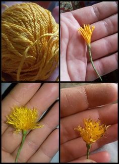 four pictures of yellow flowers being held by someone's hand with yarn in the background