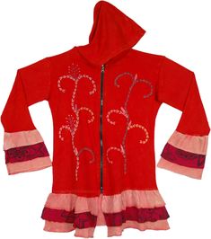 A bright and blunt red cotton hooded jacket with thick thread embroidery and flared bell sleeves and bottom.  The main and attractive feature of this hoodie is its flared sleeve and bottom ends that look adorable and feminine. #tlb #Embroidered #vacationclothing #Jacket #Fall #bohemianfashion #HippieJacket #FallJacket #Hoodie Red Hooded Tops For Spring, Red Cotton Long Sleeve Hooded Jacket, Red Cotton Hooded Jacket For Spring, Fitted Cotton Hooded Jacket For Spring, Embroidered Red Hoodie For Fall, Red Embroidered Hoodie For Fall, Fitted Red Cotton Hoodie, Red Embroidered Cotton Hoodie, Red Hooded Jacket For Spring