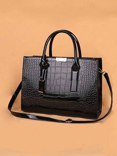 Black Elegant Collar  PU Leather Textured Pattern Top Handle Bag Embellished   Women Bags Embroidered Tote, Elegant Bags, Large Handbags, Embroidered Bag, Tote Pattern, Tote Bag Pattern, Large Tote Bag