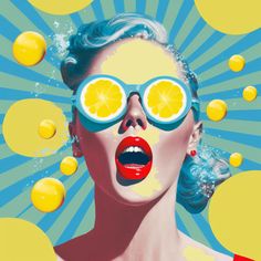 a woman with lemon slices on her face and sun glasses in front of her eyes