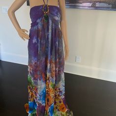 Multi Colored Maxi Summer Dress, Size L, New With Tag Flowy Multicolor Maxi Dress For Holiday, Fitted Multicolor Maxi Dress For Beach, Fitted Multicolor Maxi Dress For Beach Cover-up, Purple Sleeveless Dress For Beach Cover-up, Purple Lined Beach Dress, Vibrant Halter Neck Dress For Beach, Purple Beach Season Party Dress, Purple Party Dress For Beach Season, Multicolor Maxi Dress For Spring Holiday