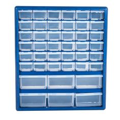 a blue shelf filled with lots of plastic containers