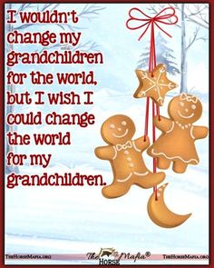 two gingerbreads hanging from a red ribbon with the words i wouldn't change my grandchilden for the world, but i wish i could be the