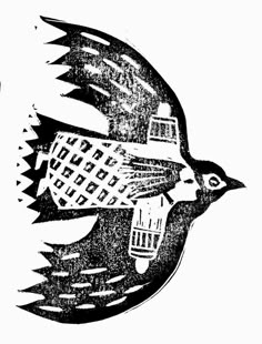 a black and white drawing of a bird with a house on it's head