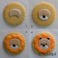 four cookies shaped like lions with faces and numbers in the shape of lion's head