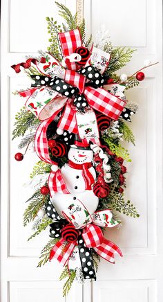 a snowman wreath hanging on the front door