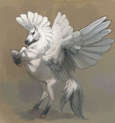 a white horse with wings on it's back and its tail spread out, in front of a brown background