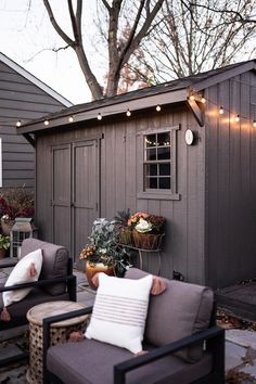 an outdoor living area with two chairs and a shed