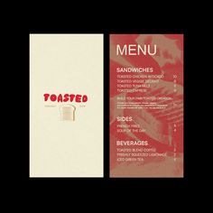 the menu for toasted sandwiches is shown in red and white