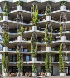 an apartment building with plants growing on the balconies