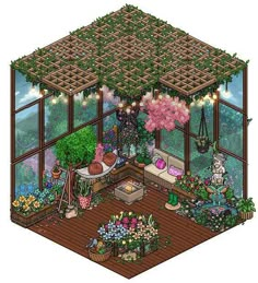 an outdoor room with lots of plants and flowers