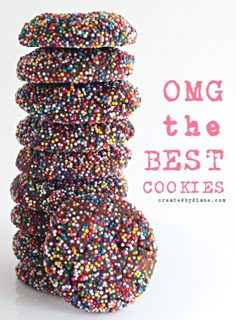 a stack of sprinkled cookies with the words omg the best cookies