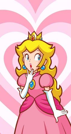 the princess peach is standing in front of a heart shaped background with her hand on her mouth