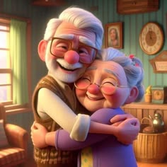 an older couple hugging each other in a room