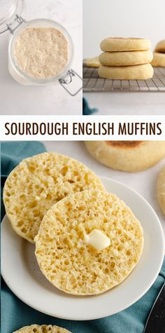 the process of making sourdough english muffins is shown in three pictures