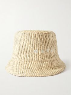 MARNI Embroidered faux raffia bucket hat | NET-A-PORTER Raffia Bucket Hat, Embroidered Bucket Hat, Bucket Hat White, Raffia Hat, Bucket Hat Black, Neutral Beige, Embroidered Denim, Tropical Vacation, Embroidery Logo