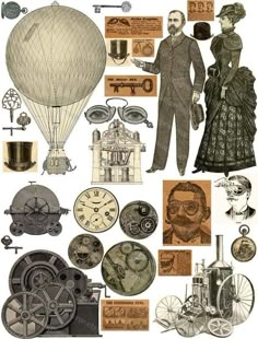 an image of people in steampunk clothes and clocks on paper with words above them