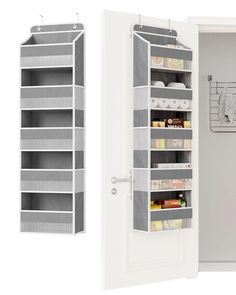 an open pantry door with shelves on both sides and food in the bottom drawer, next to a closed pantry door