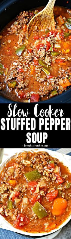 slow cooker stuffed pepper soup in a crock pot