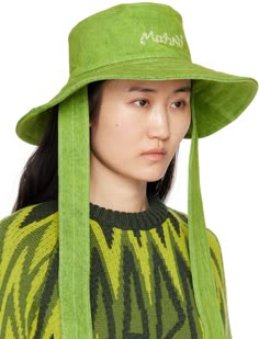 Non-stretch denim bucket hat in green. · Bleached effect throughout · Logo embroidered at face · Quilted brim · Self-tie chin strap · Plain-woven lining Supplier color: Kiwi Bucket Hat With String, Sauna Hat, School Apparel, Headwear Fashion, Bucket Hat Design, Denim Bucket Hat, Hat And Scarf, Green Marble, Ely