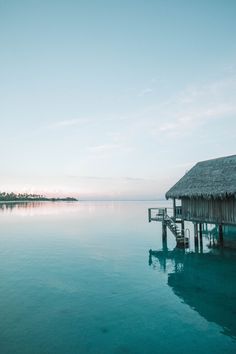 the water is calm and blue with a hut on it's roof in the middle