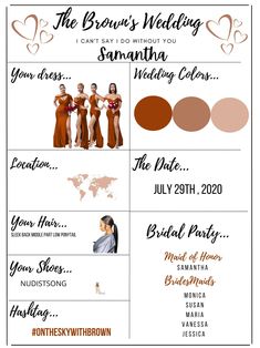 the bridal's wedding info sheet is shown in orange and brown, with two bride