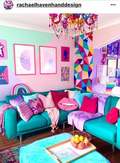 a living room filled with lots of colorful furniture and art on the wall behind it