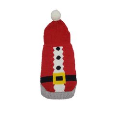 a red and white santa hat with black dots on the bottom is attached to a sweater