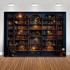 a room with a large bookcase full of books and clocks