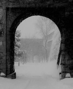 an arch in the middle of a snowy street