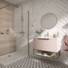 a bathroom with a pink vanity and tiled floor, along with a white bathtub