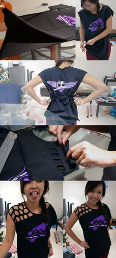 the woman is making her own t - shirt