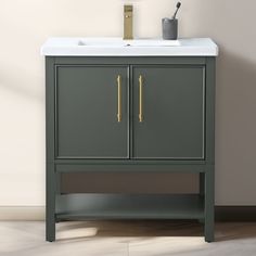 a bathroom vanity with two doors and a sink