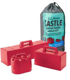 three red plastic storage boxes next to a bag of castle snow and mold kits on a white background