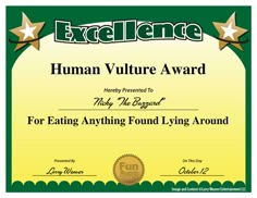 an award certificate for eating anything found living around