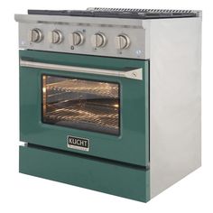 a green and white oven with two burners on the front, and one door open