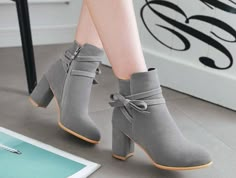 Bow Detail Block Heel Pointed Ankle Boots Sepatu Pump, Boots Chunky, Kawaii Shoes, Block Heel Ankle Boots