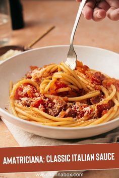 a person is eating spaghetti in a white bowl with the words, amatricciana - classic italian sauce