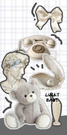 a teddy bear sitting next to an old phone and other items that have been cut out