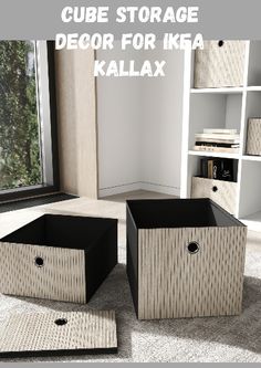 cube storage for ikea kallax in an empty room with the text above it