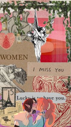 collage of different images with the words i miss you written on them and an image of two women kissing each other