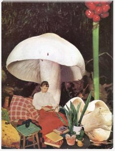 a woman sitting under a large mushroom on top of a table next to other items