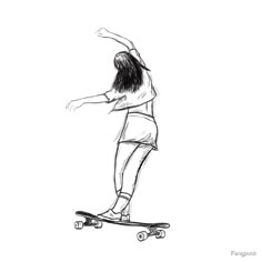 a drawing of a person on a skateboard with one arm in the air and another hand out