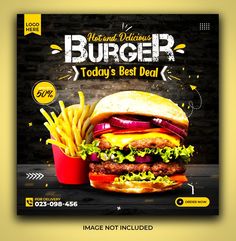 a flyer for a burger restaurant with a hamburger and fries in front of the poster