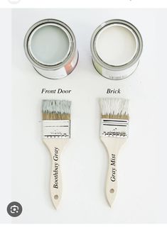 two paint cans with different types of paint on them and the same brush labeled front door, brick, and white