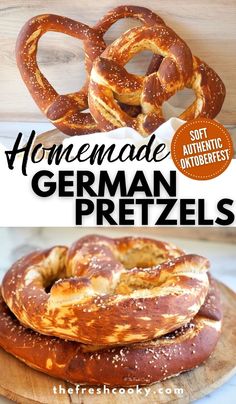 homemade german pretzels on a wooden platter with text overlay that reads homemade german pretzels