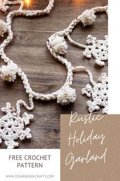 crochet holiday garland with lights in the background and text that reads free crochet holiday garland pattern